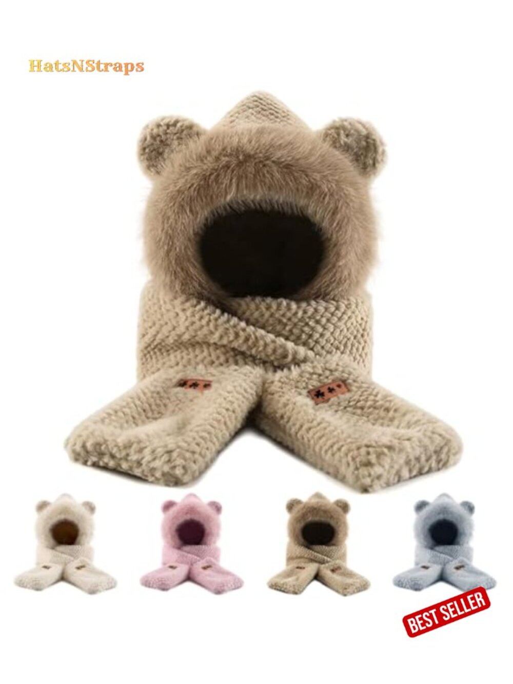 Faux Fur Bear Hooded Scarf Hat Gloves Set Winter Women Warm